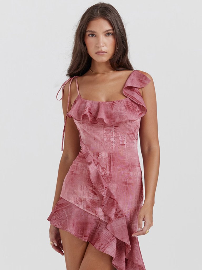 House Of Cb Lyrah Pink Print Ruffle Mini Dress Asymmetric Hem Sz M